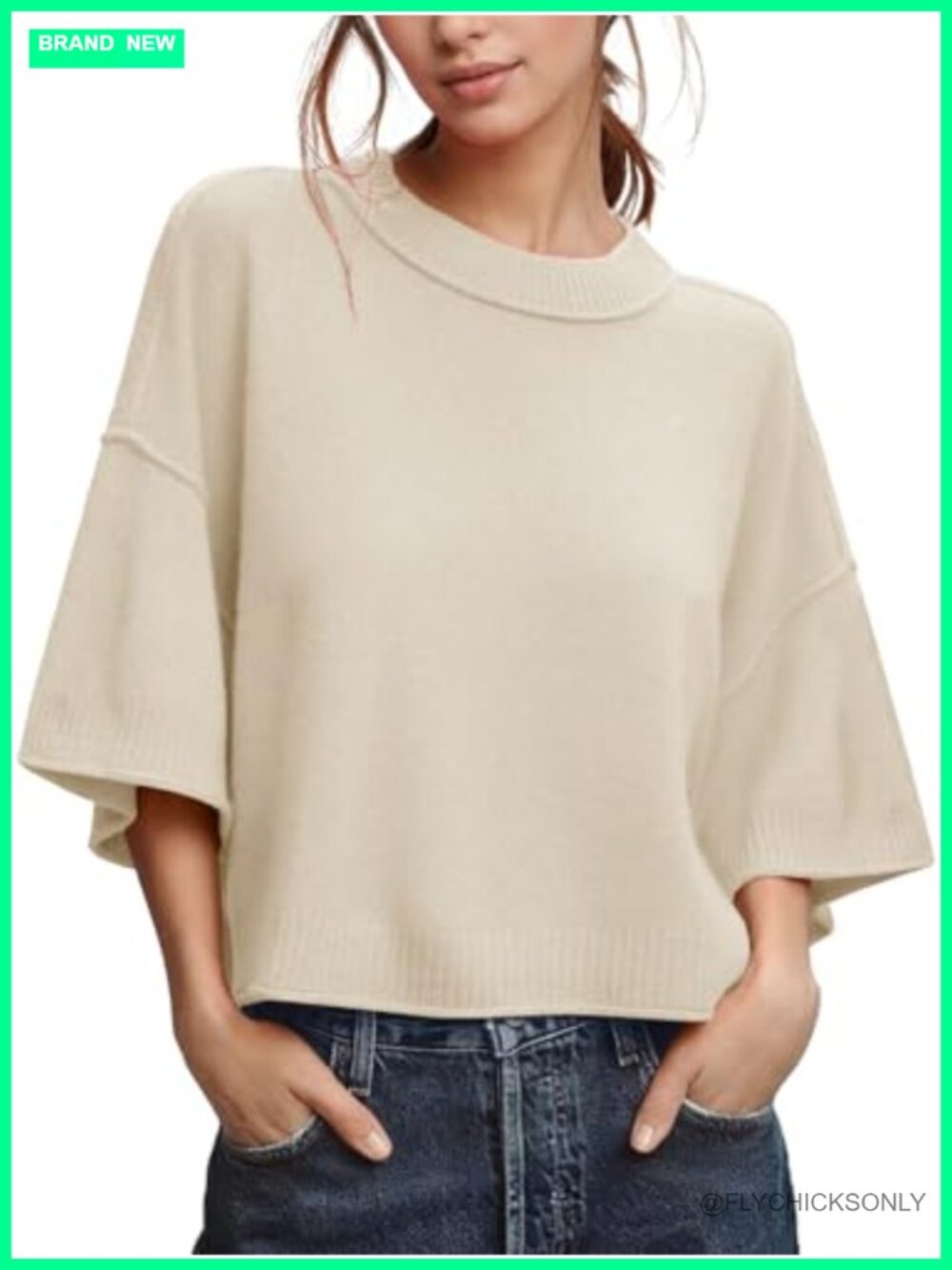 Womens Cropped Knit Sweater 3/4 Sleeve Crew Neck Pullover